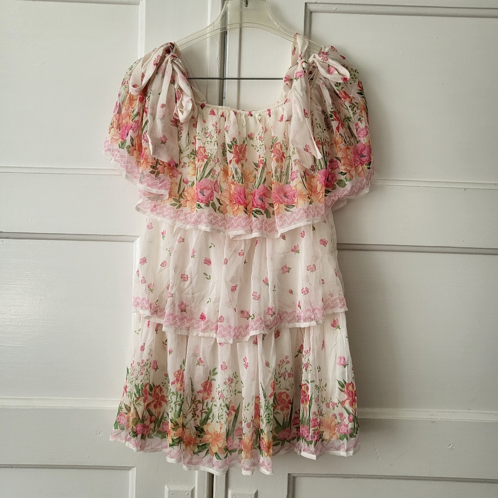 LoveColette Tiered Floral Chiffon Cottagecore Prairie Mini Dress Small